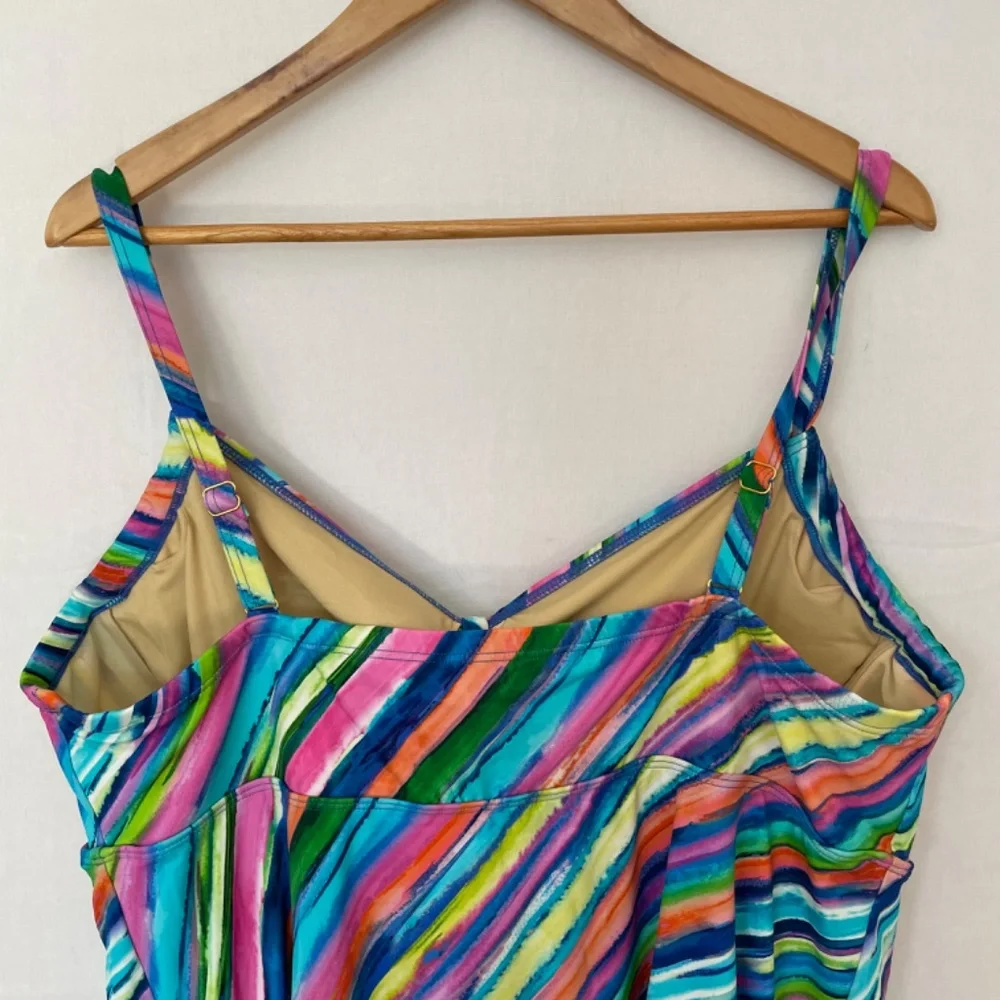 SWIMSUITS FOR ALL Size 24D/DD One Piece Swim Dress Multi Color Stripes NEW